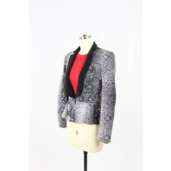 REBECCA TAYLOR Grey Python Snake Print Silk Crepe Peplum Blazer, Size 2 - Picture 4 of 14